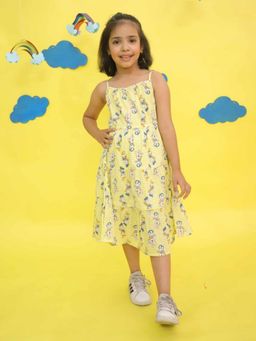VASTRARTH - Girls Yellow Conversational Printed Tiered Fit & Flare Dress