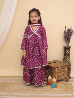 VASTRARTH - Girls Purple Bandhani Printed Kurta with Sharara & Dupatta