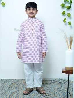 VASTRARTH - Boys Purple Floral Printed Band Collar Kurta with Pyjama