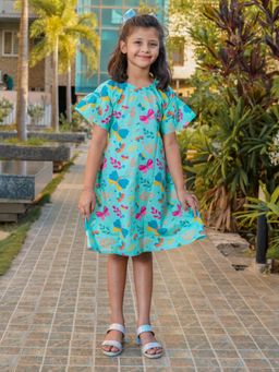 VASTRARTH - Girls Blue Fit and Flare Digital Printed Cotton Dress