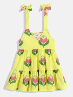 VASTRARTH - Yellow Floral Print Organic Cotton A-Line Dress