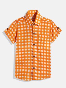 VASTRARTH - Boys Orange Micro Checks Standard Cotton Casual Shirt