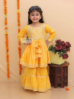 VASTRARTH - Girls Yellow Embroidered Regular Kurta with Sharara