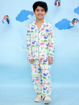 VASTRARTH - Kids White Printed Shirt & Pyjama