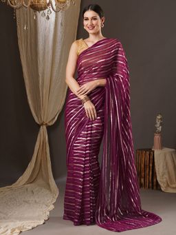 Akhilam - Womens Nylon Magenta Printed Designer Saree with Unstitched Blouse