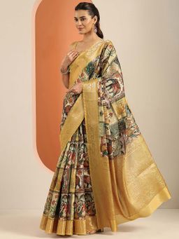 Libas - Mustard Tribal Printed Saree With Unstitched Blouse