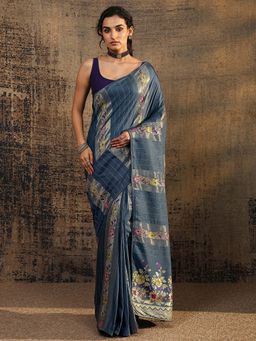 Libas - Navy Floral Woven Design Saree With Unstitched Blouse