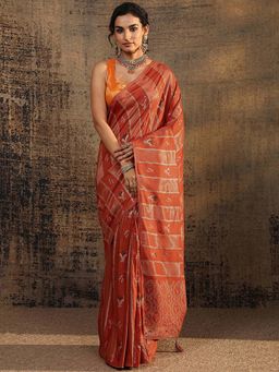 Libas - Rust Floral Woven Design Saree With Unstitched Blouse