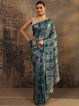 Libas - Teal Floral Woven Design Saree With Unstitched Blouse