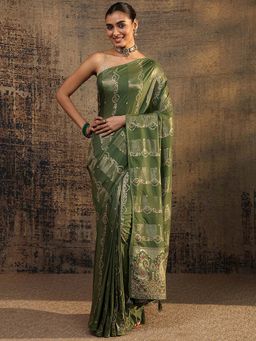 Libas - Olive Ethnic Motifs Woven Design Saree With Unstitched Blouse