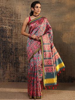 Libas - Grey Ethnic Motif Printed Saree With Unstitched Blouse