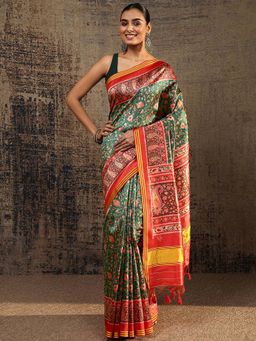 Libas - Green Floral Printed Saree With Unstitched Blouse