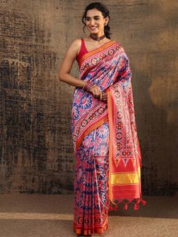 Libas - Navy Blue Printed Saree With Unstitched Blouse