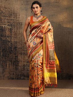 Libas - Mustard Floral Printed Saree With Unstitched Blouse