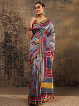 Libas - Grey Floral Printed Saree With Unstitched Blouse
