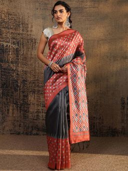 Libas - Grey Solid Design With Printed Border Saree With Unstitched Blouse