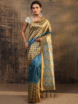 Libas - Blue Solid Design With Printed Border Saree With Unstitched Blouse
