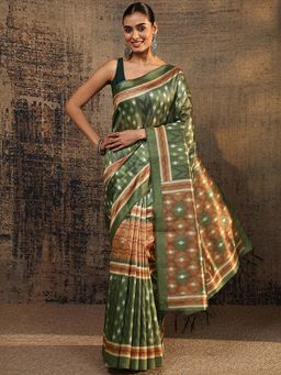 Libas - Green Ethnic Motif Printed Saree With Unstitched Blouse