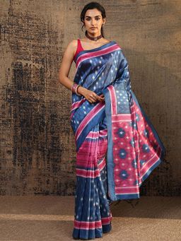Libas - Blue Ethnic Motif Printed Saree With Unstitched Blouse