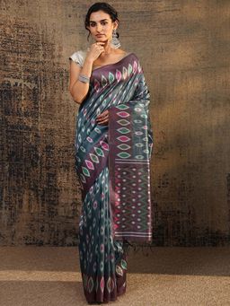 Libas - Teal Ikat Printed Saree With Unstitched Blouse