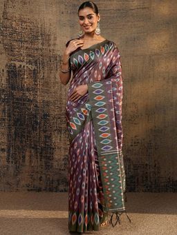 Libas - Purple Ikat Printed Saree With Unstitched Blouse