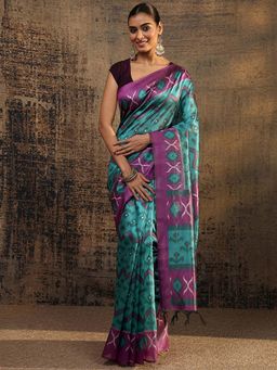 Libas - Turquoise Chevron Printed Saree With Unstitched Blouse