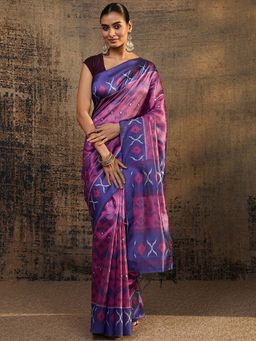 Libas - Magenta Chevron Printed Saree With Unstitched Blouse