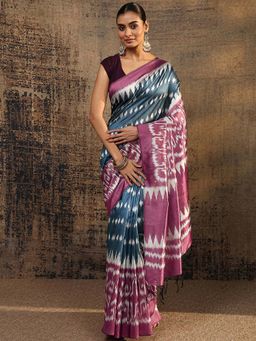 Libas - Teal Printed Saree With Unstitched Blouse