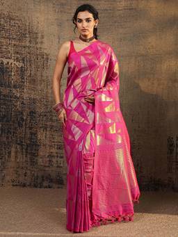 Libas - Pink Geometric Woven Design Saree With Unstitched Blouse