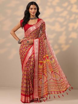 Libas - Red Ethnic Motifs Printed Woven Design Border Saree With Unstitched Blouse