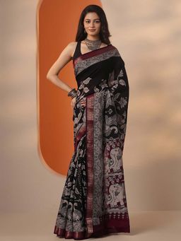 Libas - Black Ethnic Motifs Printed Saree With Unstitched Blouse