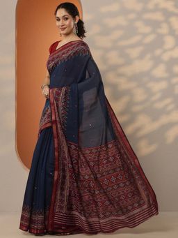 Libas - Navy Blue Mirror Work Printed Saree With Unstitched Blouse