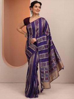 Libas - Purple Striped Zari Woven Design Saree With Unstitched Blouse