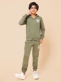 Alan Jones - Boys Olive Cotton Blend Full Sleeves Sweatshirt with Track Pant