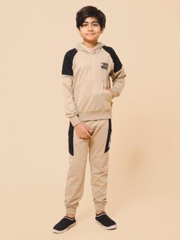 Alan Jones - Boys Beige Cotton Blend Full Sleeves Hoodie with Track Pant