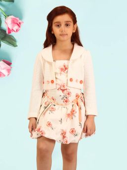 Cutecumber - Girls Orange Chenille Full Sleeves Dress with Shrug