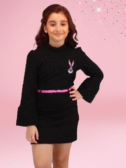 Cutecumber - Girls Black Polyester Full Sleeves Dress with Belt