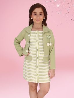 Cutecumber - Girls Green Knitted Full Sleeves Dress with Shrug