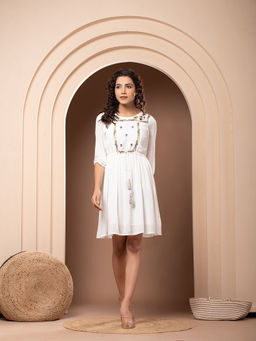 NYARO - Off White Rayon Embroidered Dress