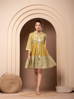 NYARO - Mustard Cotton Embroidered Dress