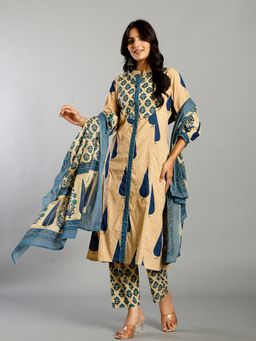 Yufta - Blue And Cream Ethnic Motifs Cotton A-Line Kurta Pant Dupatta Set