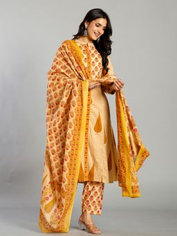 Yufta - Mustard And Cream Ethnic Motifs Cotton A-Line Kurta Pant Dupatta Set