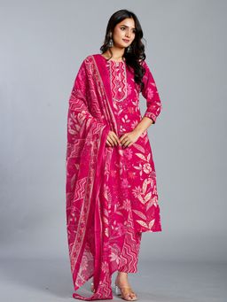 Yufta - Pink Floral Cotton Straight Kantha Work Kurta Pant Dupatta Set