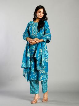 Yufta - Turquoise Blue Floral Cotton Straight Kantha Work Kurta Pant Dupatta Set