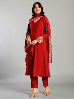 Yufta - Red Roman Silk Zari Work A-Line Kurta Pant Dupatta Set