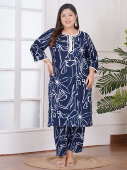 Bani Women - Navy Blue Abstract Printed Cotton Kurta & Pant