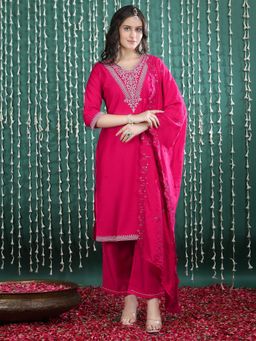 Bani Women - Pink Fuchsia Embroidered Kurta With Straight Pants And Dupatta