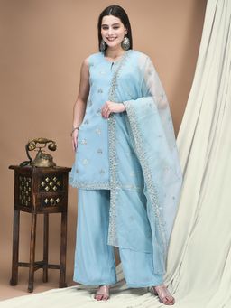 Shree - Women Georgette Blue Embroidered Kurta Comfort Pant Dupatta
