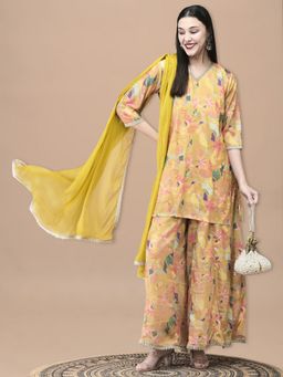 Shree - Women Chinon Mustard Floral Print Kurta With Palazzo And Dupatta