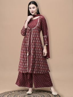 Shree - Women Liva Maroon Butti Print Kurta And Palazzo Dupatta